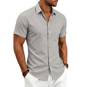 Men casual grey short sleeve button down shirt detail showcasing collar and chest pocket
