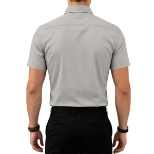 Back view detail of men solid color short sleeve business casual shirt in light grey color.