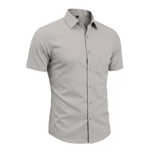 Light grey men's short sleeve shirt detail, lapel collar, chest pocket, casual wear.