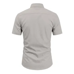 Back detail view of men's casual short sleeve shirt in solid grey color with classic collar.