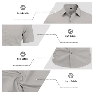 Detailed view of the light gray short-sleeve shirt focusing on neck, cuff, and fabric.