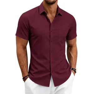 Men's short sleeve casual button down shirt solid color business work top style