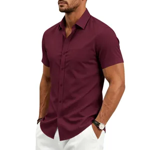 Men's short sleeve casual business dress shirt in burgundy solid color with chest pocket.