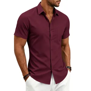 Detailed view of men's short sleeve burgundy dress shirt with chest pocket for summer.