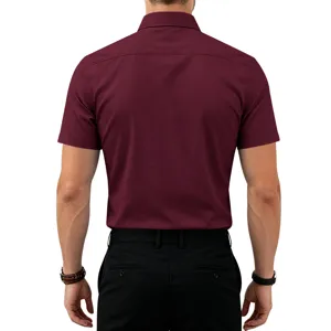Men's solid color short sleeve casual business dress shirt back view detail display.