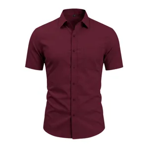Burgundy short sleeve dress shirt detail, collar and chest pocket close up view.