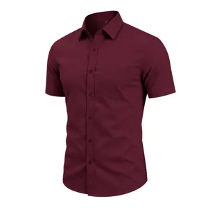 Burgundy short sleeve dress shirt detail, lapel collar and single chest pocket style.