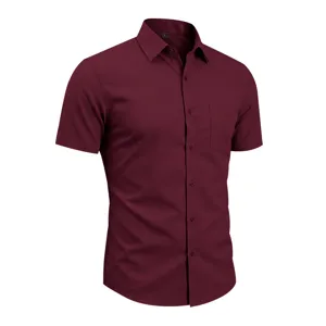 Men's burgundy short sleeve dress shirt, classic business casual button down workwear top.