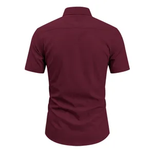 Detailed back view of a solid burgundy short sleeve business casual men's shirt with lapel.