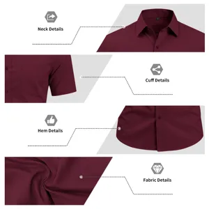 Detail view of men's solid color short sleeve dress shirt showing collar, cuff and fabric.
