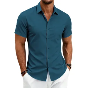 Men's short sleeve solid color casual business button-down shirt detail view showing fabric.