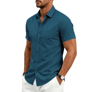 Men's short sleeve casual button down shirt with pocket solid color business top
