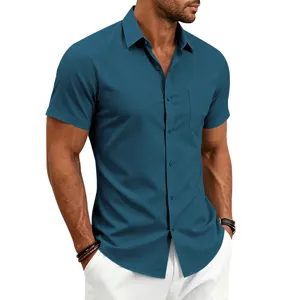 Men short sleeve button down dress shirt casual solid color slim fit summer business office top