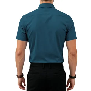 Men's short sleeve dress shirt in solid dark blue, casual business slim fit style.