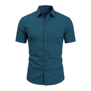 Men's short sleeve dress shirt collar detail pocket close up casual style business office wear.