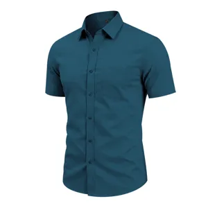 Men's short sleeve solid color business casual lapel shirt featuring single chest pocket.