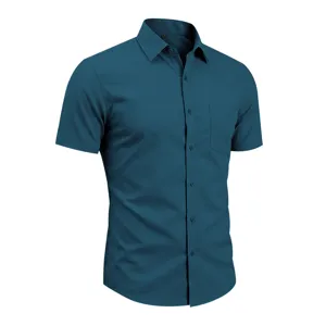 Men solid color short sleeve business shirt collar detail close up view, size L product.
