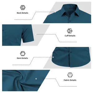 Close up view of the mens business casual short sleeve shirt fabric collar cuff details.