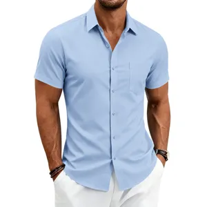 Men's casual short sleeve button down shirt classic solid color business dress top