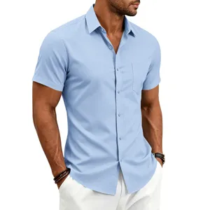 Detailed view of the light blue short-sleeve shirt, lapel collar, button front, casual style.