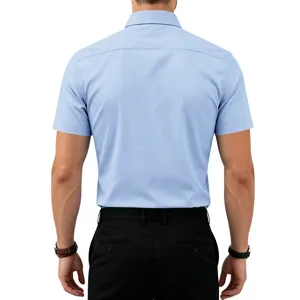 Back view detail of light blue short sleeve business casual button down shirt for men.