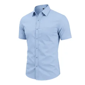 Close-up detail of the light blue short sleeve dress shirt collar and chest pocket design.