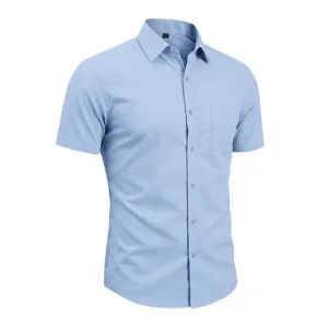 Details of light blue short-sleeve business casual dress shirt for men, collar and pocket.