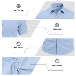 Men's short-sleeve business casual solid color shirt detail view, light blue lapel design.