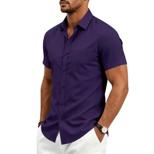 Men short sleeve purple dress shirt detail view, classic lapel collar with single chest pocket.