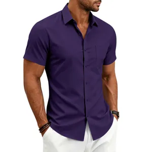 Men's Short Sleeve Dress Shirt Business Casual Solid Color Lapel Summer Slim Fit Top