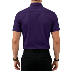 Men's purple short sleeve casual business shirt, solid color wrinkle-free button down top.