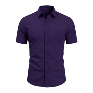 Purple short sleeve dress shirt detail view, classic collar and single pocket design.