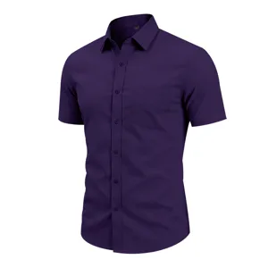 Men's casual short sleeve solid color business dress shirt with turn down collar.
