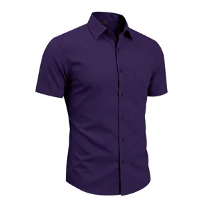 Men's purple short sleeve casual business shirt with lapel collar and chest pocket detail.