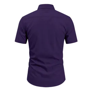 Men solid purple short sleeve shirt back view detail, business casual professional wear.