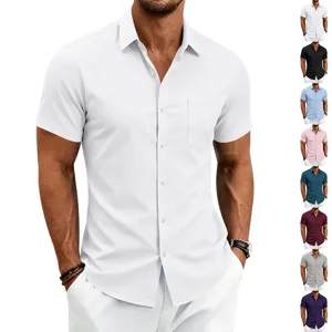 Men's Casual Business Commute Solid Color Turn-Down Collar Short Sleeve Shirt Regular Fit Polyester Spandex Fashion Men's Top