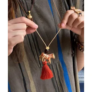 Designer hand-painted striped animal tassel necklace long sweater chain with braided rope.