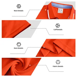 Orange short sleeve quick dry polo shirt men detail view showing collar cuff hem and fabric.