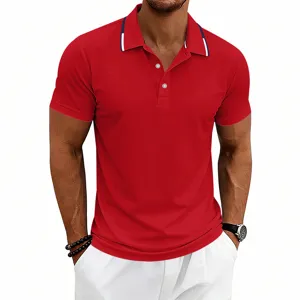 Men's solid color short sleeve polo shirt detail showing collar stripe and button design.