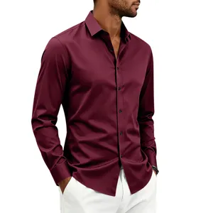 Men's Burgundy Long Sleeve Dress Shirt Casual Slim Fit Business Button Down Top Wear
