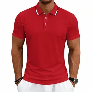 Men's red short sleeve polo shirt detail view, classic collar design, casual apparel.