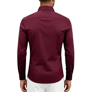 Men's long sleeve dress shirt back view showing slim fit, lapel collar and clean tailoring.