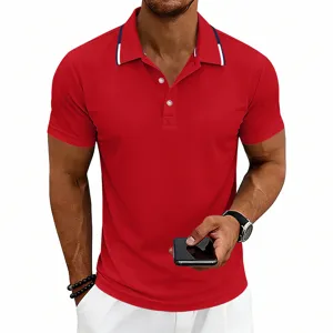 Men's red short sleeve polo shirt detail showing contrast color collar trim and buttons.