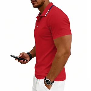 Men's short sleeve red polo shirt side view detail, showcasing classic collar and quality fabric.