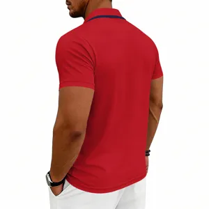 Back detail of mens red short sleeve polo shirt with contrast blue collar stripe, summer style.