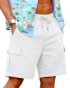 Detail view of men's casual white cargo shorts with multi-pockets and drawstring waist.