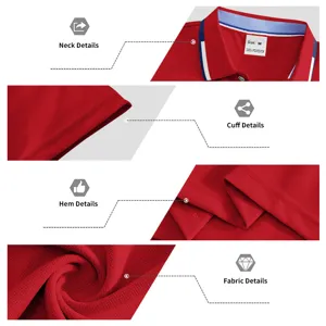 Detailed view of the red short sleeve polo shirt highlighting collar, cuff, hem and fabric.