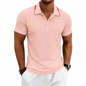 Detailed view of men's pink short-sleeve polo shirt with stylish striped collar and buttons.