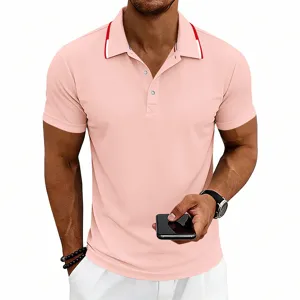 Men short sleeve pink polo shirt detail view, casual golf top with contrast color collar.