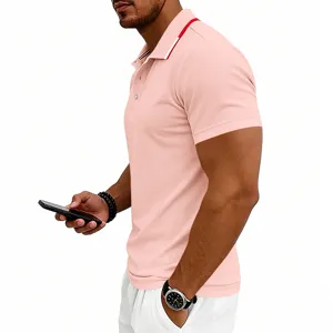 Men's short sleeve polo shirt in light pink, featuring contrast collar for summer wear.
